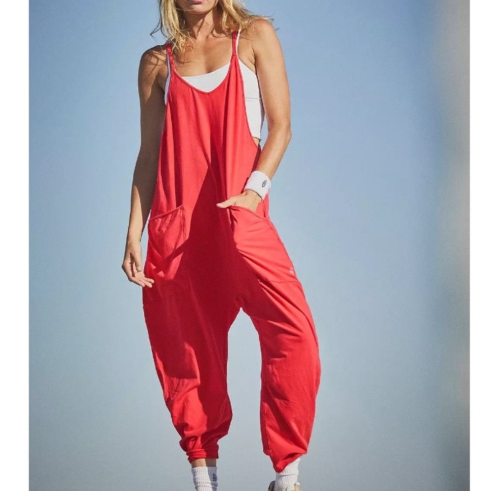 Free People Hot Shot Onesie Red Relaxed Fit Jumpsuit Size XL 16 NWOT